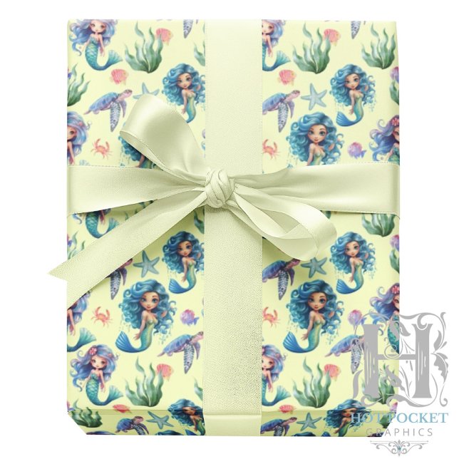 Blue Mermaid Birthday Gift Wrap in Yellow (Creator Uploaded)