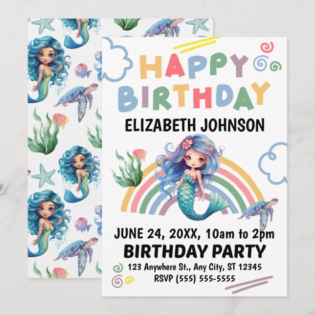 Blue Mermaid Birthday Invitation (Front/Back)