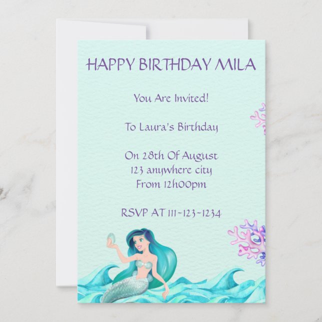 Blue Mermaid Birthday invitation  (Front)