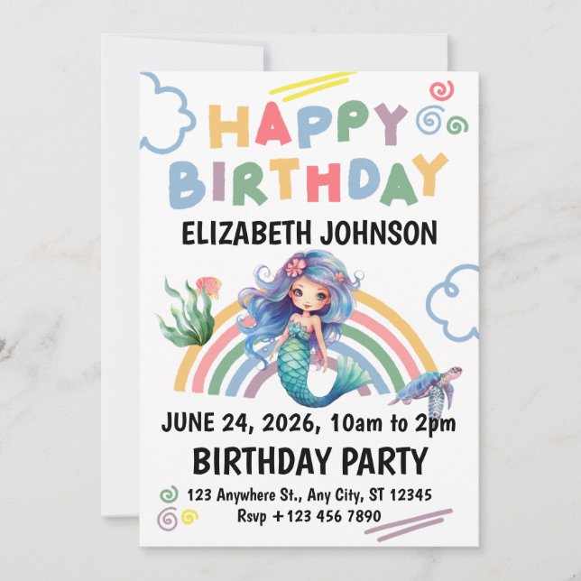 Blue Mermaid Birthday Invitation in White (Front)