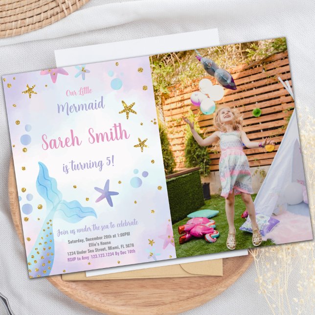 Blue Mermaid Birthday Invitation with Photo (Blue Mermaid Birthday Invitations with photo)