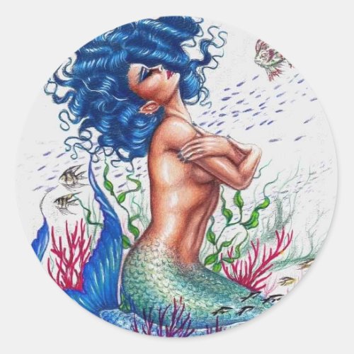 Blue mermaid classic round sticker