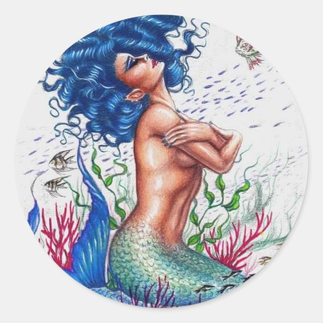 Blue mermaid classic round sticker (Front)