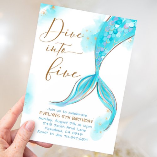 Blue Mermaid Dive Into Five 5th Birthday Party Invitation