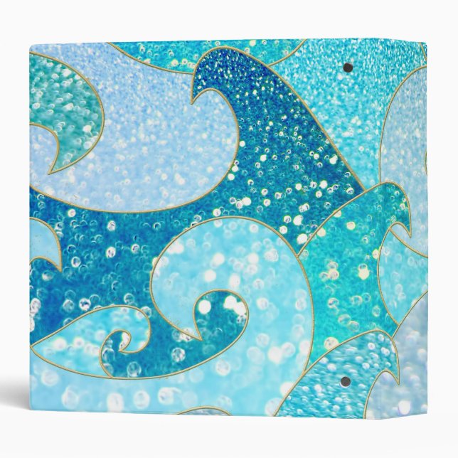 Blue Mermaid Faux Glitter Sea- Teal Gold Ocean 3 Ring Binder (Back/Spine)