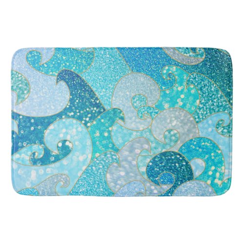 Blue Mermaid Faux Glitter Sea_ Teal Gold Ocean Bath Mat
