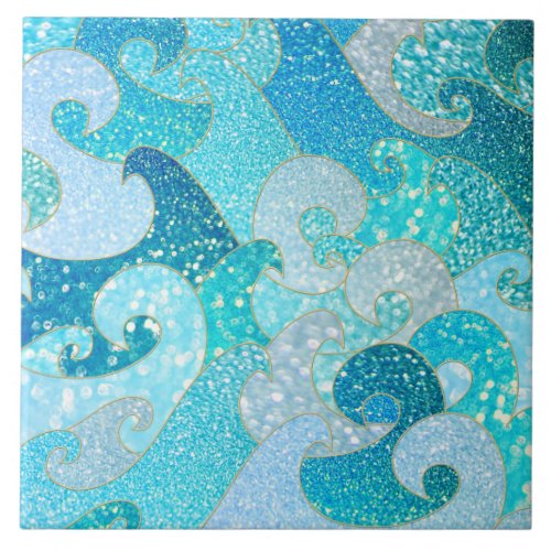 Blue Mermaid Faux Glitter Sea_ Teal Gold Ocean Ceramic Tile