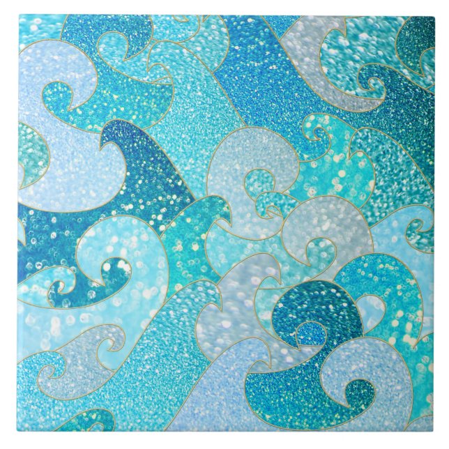 Blue Mermaid Faux Glitter Sea- Teal Gold Ocean Ceramic Tile (Front)