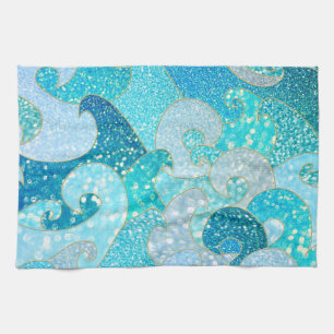 Blue Mermaid Faux Glitter Sea- Teal Gold Ocean Kitchen Towel