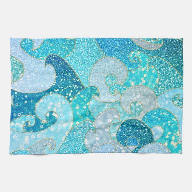 Blue Mermaid Faux Glitter Sea- Teal Gold Ocean Kitchen Towel (Horizontal)