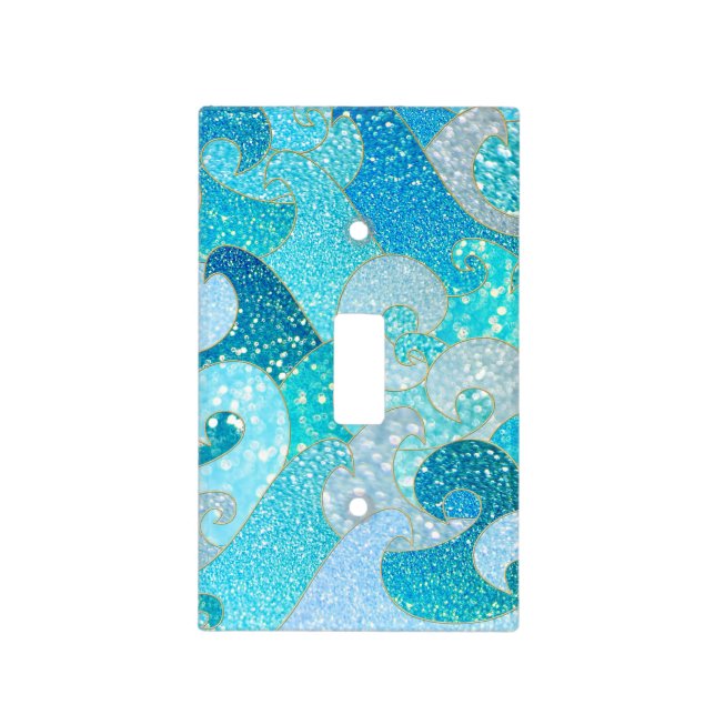 Blue Mermaid Faux Glitter Sea- Teal Gold Ocean Light Switch Cover (Front)