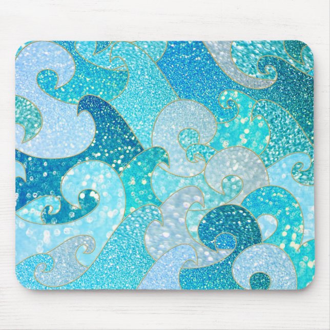 Blue Mermaid Faux Glitter Sea- Teal Gold Ocean Mouse Pad (Front)