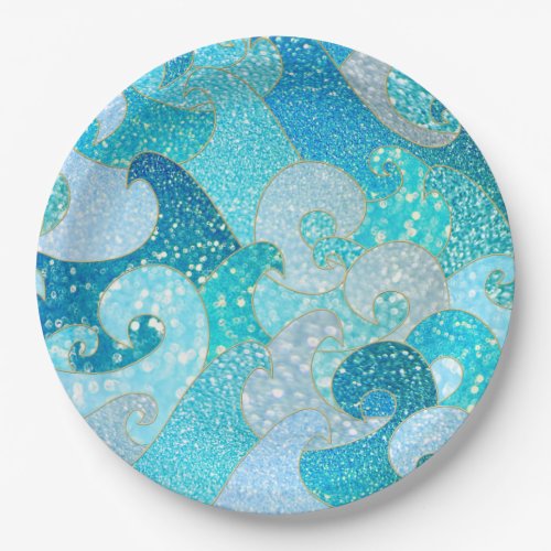 Blue Mermaid Faux Glitter Sea_ Teal Gold Ocean Paper Plates