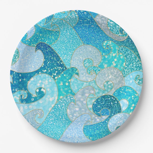 Blue Mermaid Faux Glitter Sea- Teal Gold Ocean Paper Plates (Front)