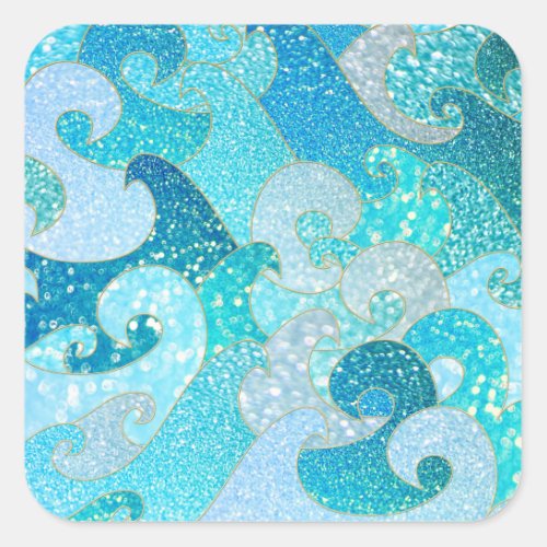 Blue Mermaid Faux Glitter Sea_ Teal Gold Ocean Square Sticker