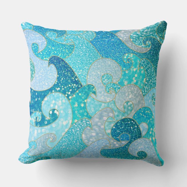 Blue Mermaid Faux Glitter Sea- Teal Gold Ocean Throw Pillow (Front)
