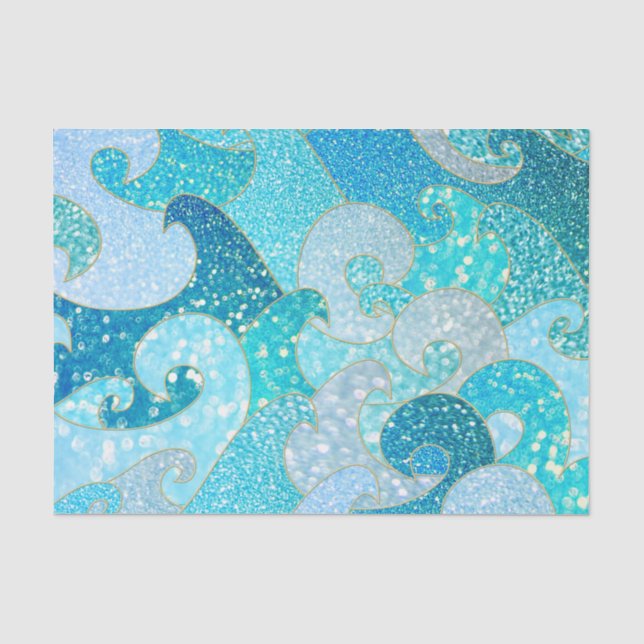 Blue Mermaid Faux Glitter Sea- Teal Gold Ocean Tissue Paper (Front)