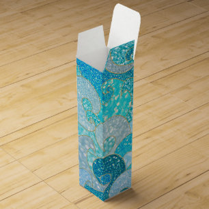 Blue Mermaid Faux Glitter Sea- Teal Gold Ocean Wine Gift Box
