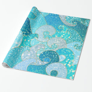 Blue Mermaid Faux Glitter Sea- Teal Gold Ocean Wrapping Paper