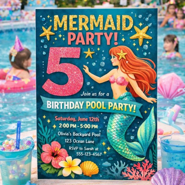 Blue Mermaid Fifth Birthday Invitation (Creator Uploaded)