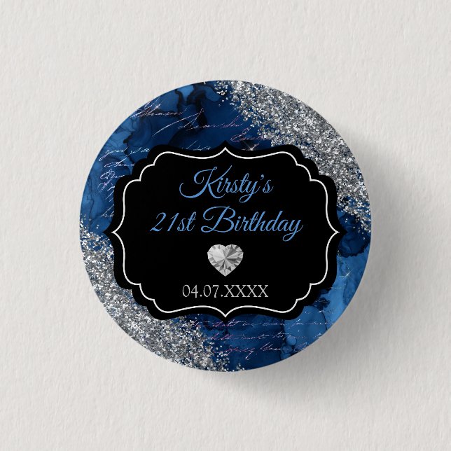 Blue Mermaid Letters Silver Glitter Birthday Button (Front)