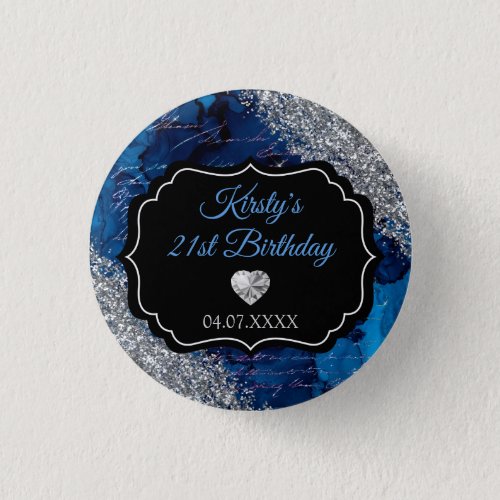 Blue Mermaid Letters Silver Glitter Birthday Button