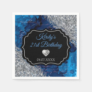 Blue Mermaid Letters Silver Glitter Birthday Napkins