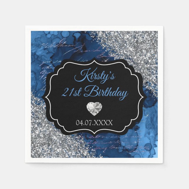 Blue Mermaid Letters Silver Glitter Birthday Napkins (Front)