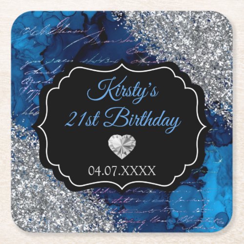 Blue Mermaid Letters Silver Glitter Birthday Square Paper Coaster