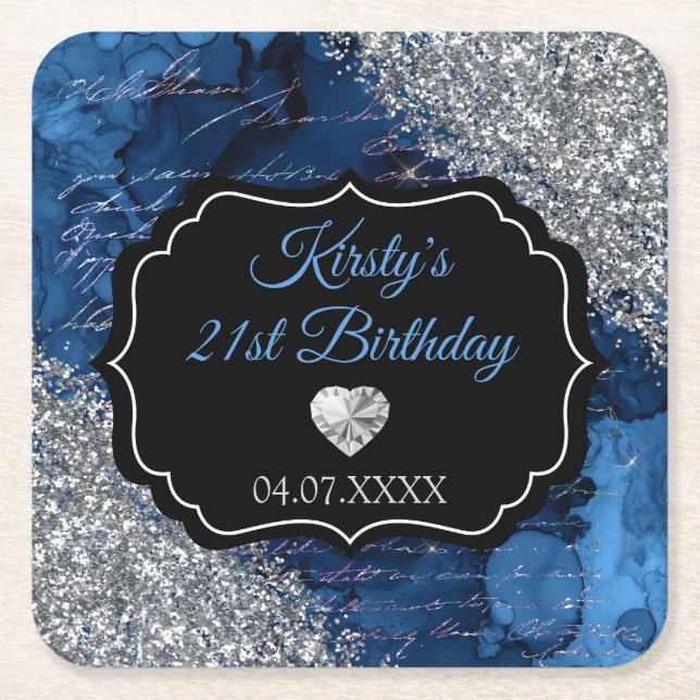 Blue Mermaid Letters Silver Glitter Birthday Square Paper Coaster (Front)