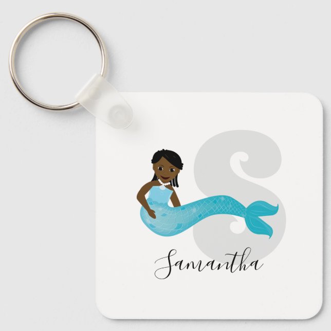 Blue Mermaid Name Monogram Keychain (Front)