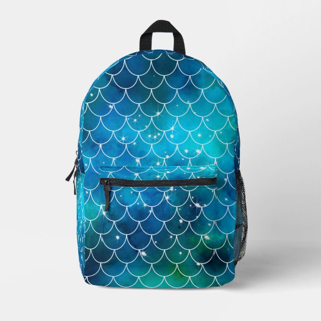Blue Mermaid Pattern Printed Backpack (Front)