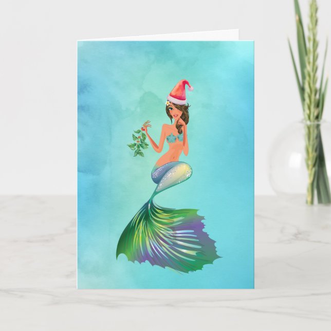 Blue Mermaid Pretty Fantasy Christmas Holiday Card (Front)