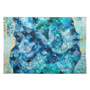 Blue Mermaid Scale with Gold Vein Accents Cloth Placemat