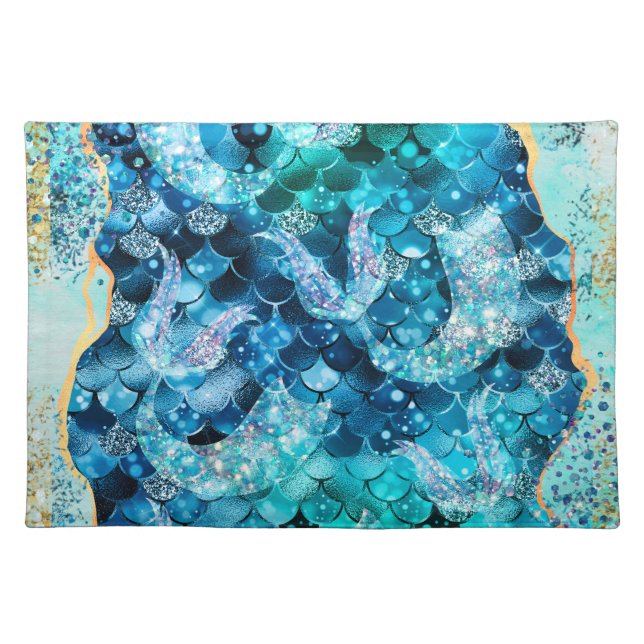 Blue Mermaid Scale with Gold Vein Accents Cloth Placemat (Front)