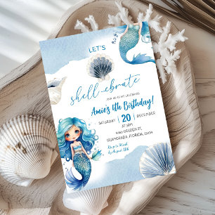 Blue Mermaid Shellebrate Summer Coastal Birthday Invitation