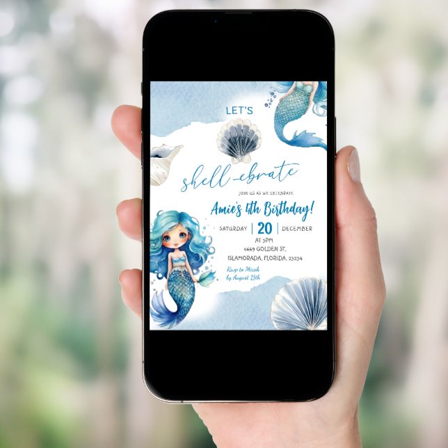 Blue Mermaid Shellebrate Summer Coastal Birthday Invitation (Front Digital)