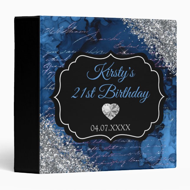 Blue Mermaid Silver Glitter Birthday Photo Album 3 Ring Binder (Front/Spine)