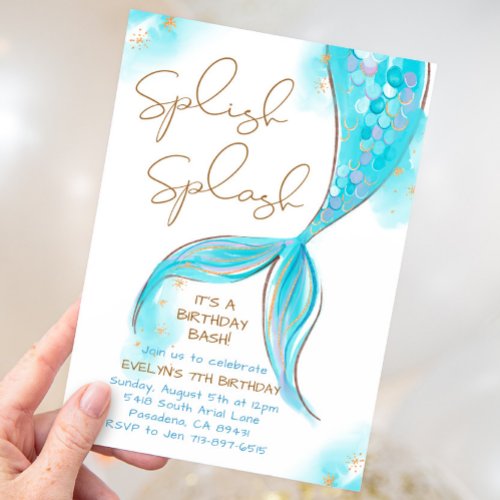 Blue Mermaid Splish Splash Girl Birthday Invitation
