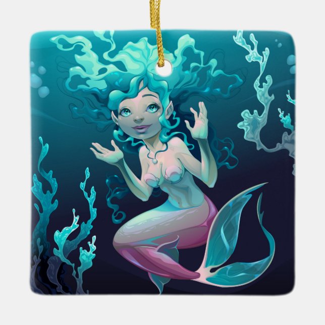 Blue Mermaid Swimming in the Ocean Ceramic Ornament (Front)