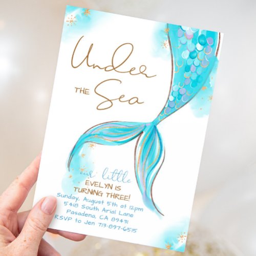 Blue Mermaid Tail Birthday Under The Sea Party Invitation