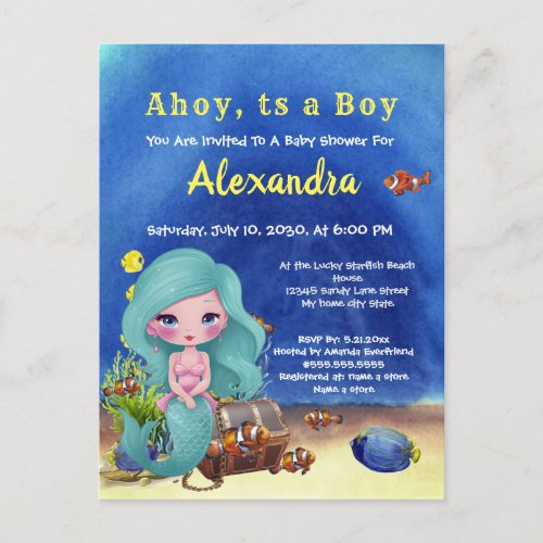 Blue Mermaid Under the Sea Boy Baby Shower Invitation Postcard