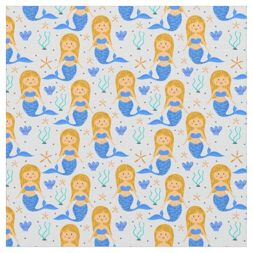Blue Mermaid Underwater on Pale Blue  Fabric