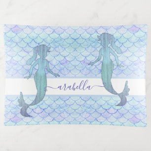 Blue Mermaid Watercolor Fish Scale Pattern Name Trinket Tray