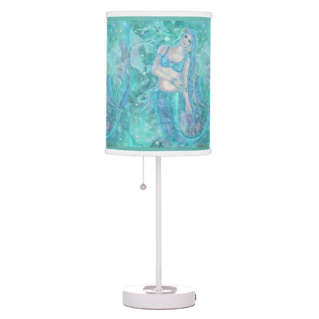 Blue mermaid with flowers by Renee Lavoie Table Lamp (Right)