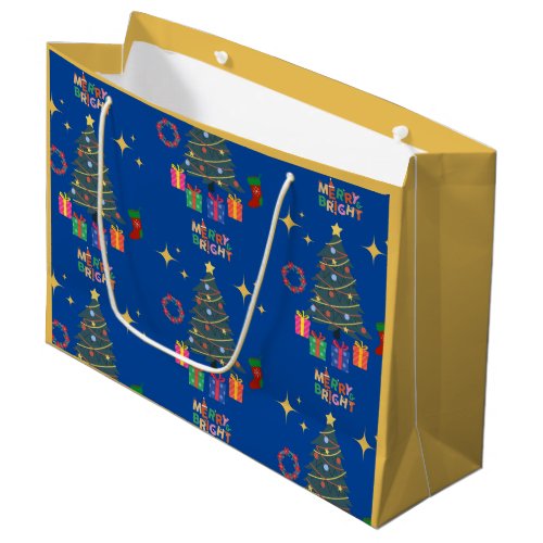 Blue Merry And Bright Christmas Trees Presents Large Gift Bag