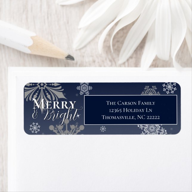 Blue Merry and Bright Snowflakes Christmas Address Label (Insitu)