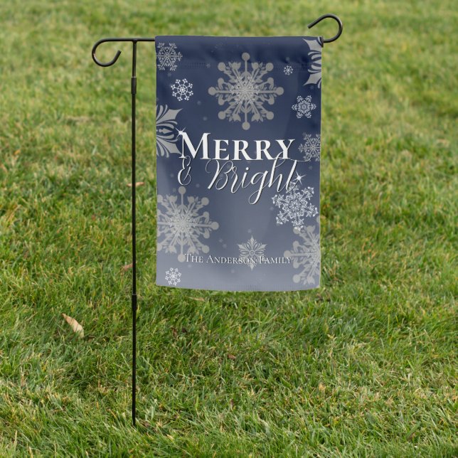Blue Merry and Bright Snowflakes Christmas Garden Flag (In SItu)