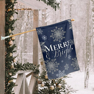 Blue Merry and Bright Snowflakes Christmas House Flag