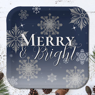 Blue Merry and Bright Snowflakes Christmas Paper Plates